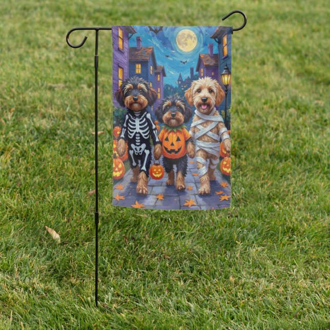 Havanese Dogs Trick-or-Treating Halloween Costumes Garden Flag (In SItu)