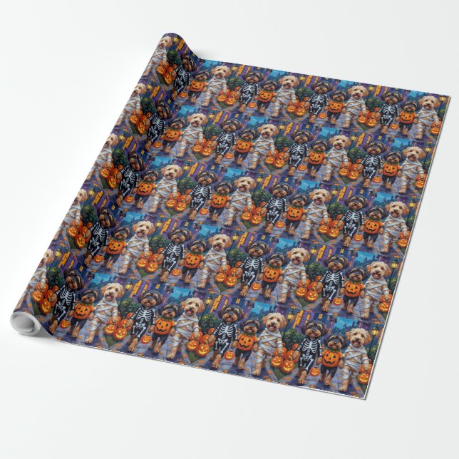Havanese Dogs Trick-or-Treating Halloween Costumes Wrapping Paper (Unrolled)