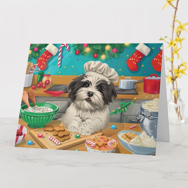 Havanese Holiday Baking: Festive Christmas Card (Yellow Flower)