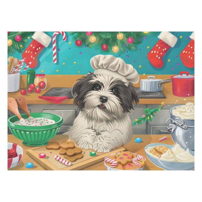 Havanese Holiday Baking: Festive Christmas Tablecloth (Front (Horizontal))