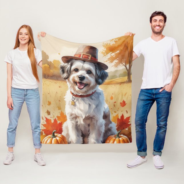 Havanese In Autumn Leaves Thanksgiving Art Fleece Blanket (In Situ)
