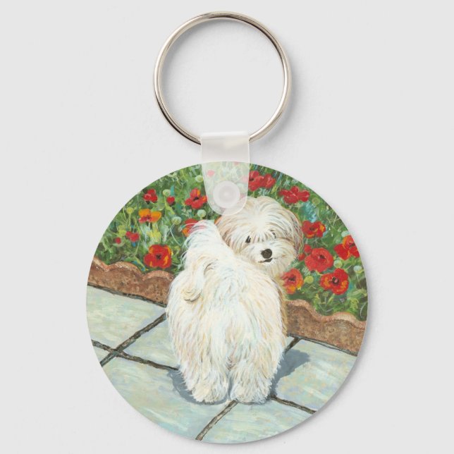 Havanese n Poppies Art Print Gifts & Cards Keychain (Front)