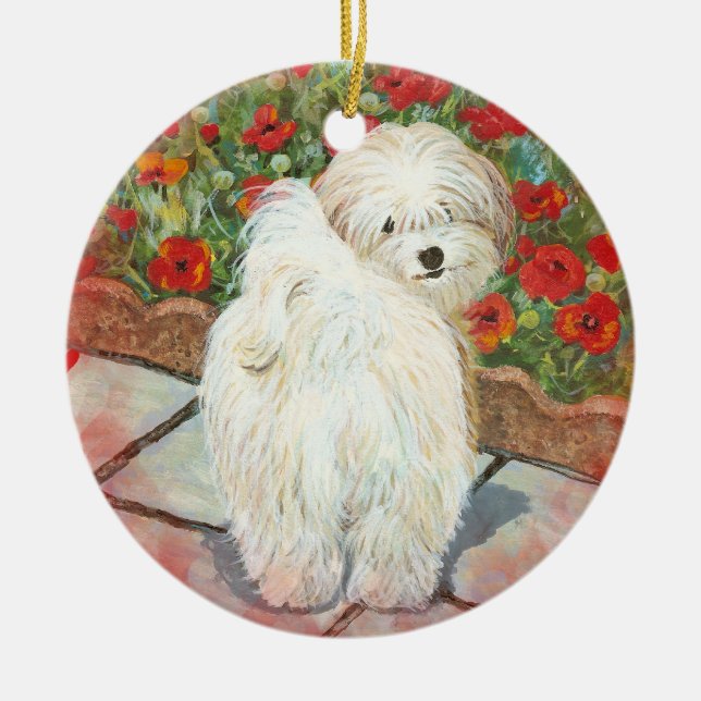 Havanese & Poppies Ceramic Ornament (Front)