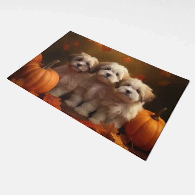 Havanese Puppy Autumn Delight Pumpkin Doormat (Angled)