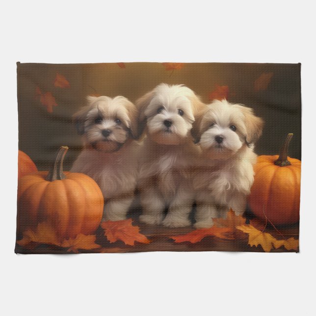 Havanese Puppy Autumn Delight Pumpkin Kitchen Towel (Horizontal)