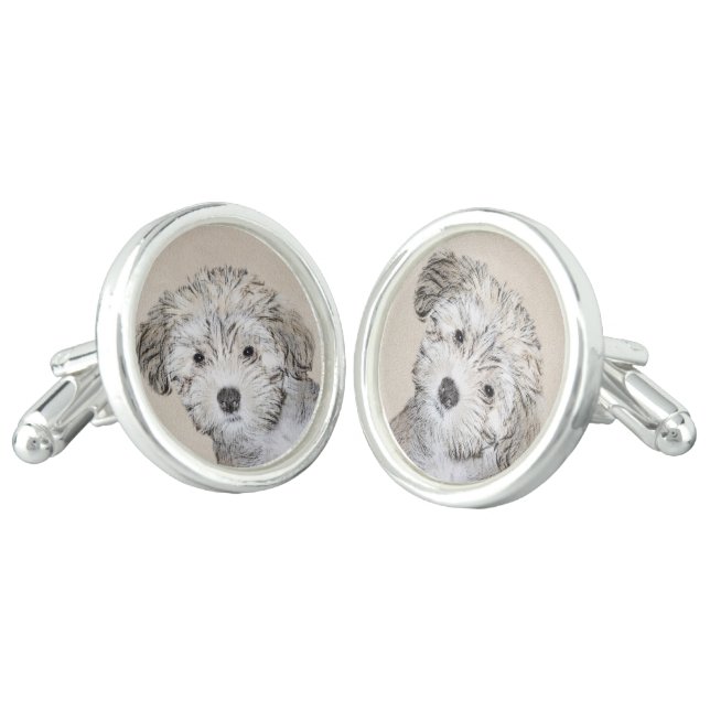 Havanese Puppy Painting - Cute Original Dog Art Cufflinks (Angled)