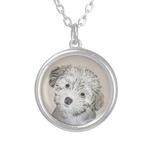 Havanese Puppy Painting _ Cute Original Dog Art Silver Plated Necklace