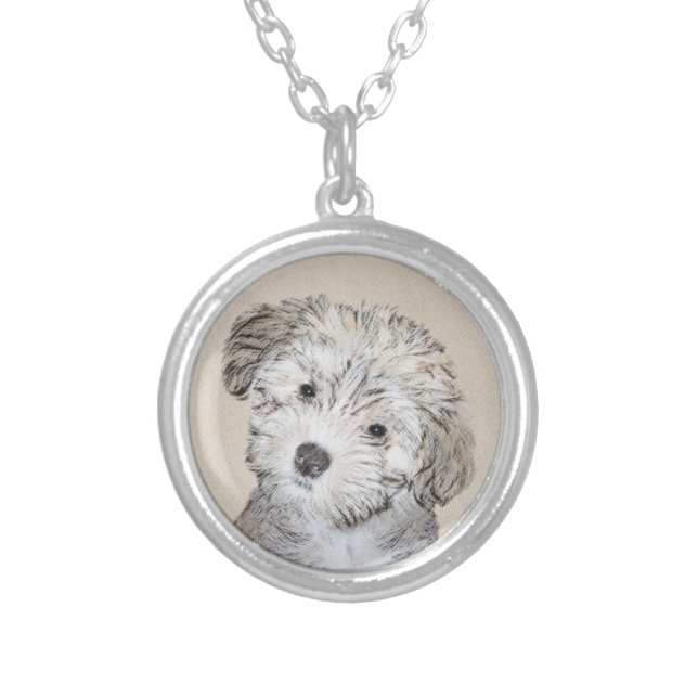 Havanese Puppy Painting - Cute Original Dog Art Silver Plated Necklace (Front)