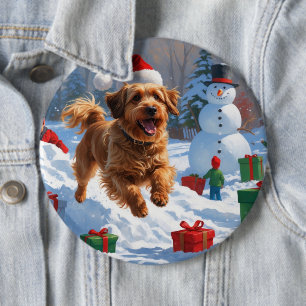 Havanese Running in Snow with Christmas Hat Button