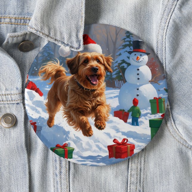 Havanese Running in Snow with Christmas Hat Button (In Situ)