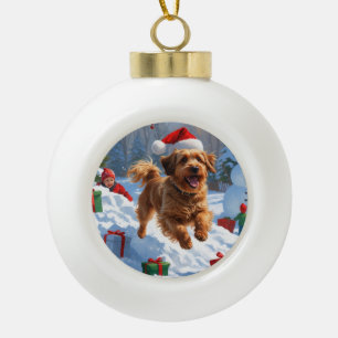 Havanese Running in Snow with Christmas Hat Ceramic Ball Christmas Ornament