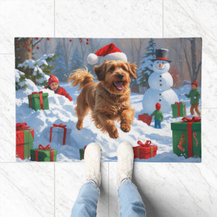 Havanese Running in Snow with Christmas Hat Doormat