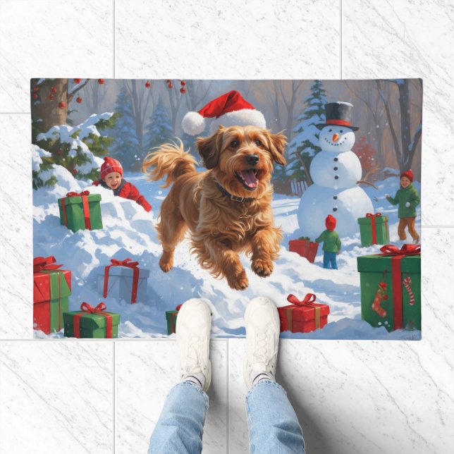Havanese Running in Snow with Christmas Hat Doormat (Indoor)