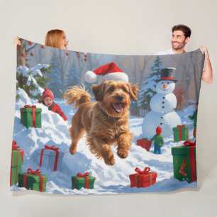 Havanese Running in Snow with Christmas Hat Fleece Blanket
