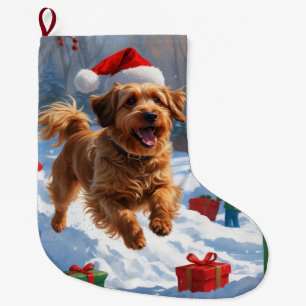 Havanese Running in Snow with Christmas Hat Large Christmas Stocking