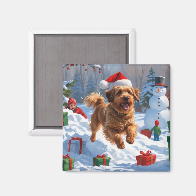 Havanese Running in Snow with Christmas Hat Magnet (Front/Back)