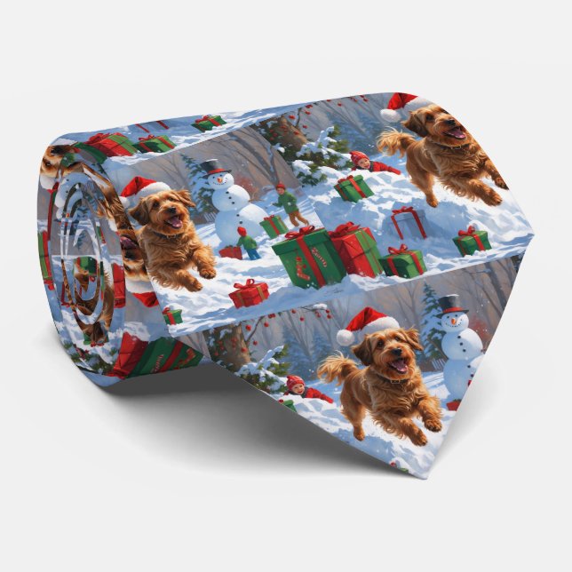 Havanese Running in Snow with Christmas Hat Neck Tie (Rolled)