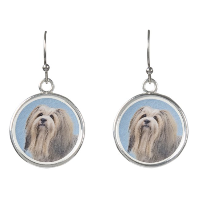 Havanese (Silver) Painting - Cute Original Dog Art Earrings (Front)