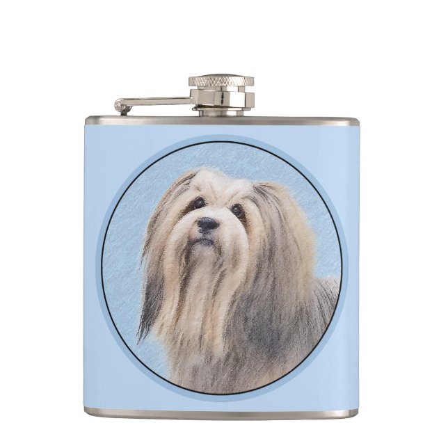 Havanese (Silver) Painting - Cute Original Dog Art Flask (Front)