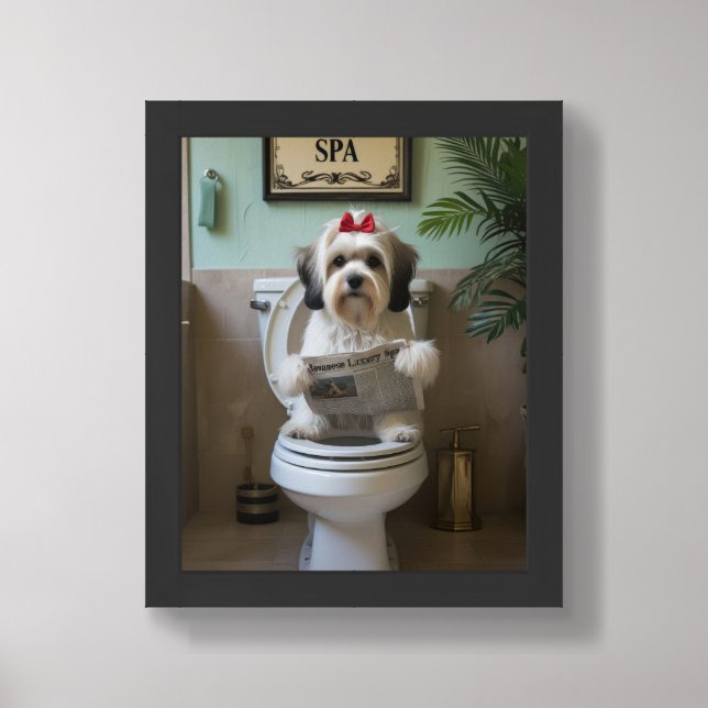 Havanese Sitting On Toilet Funny Framed Art (Framed Front)