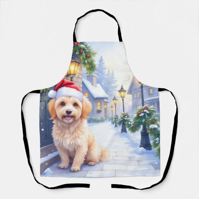 Havanese Snowy Village Walk Santa Hat Christmas Apron (Front)