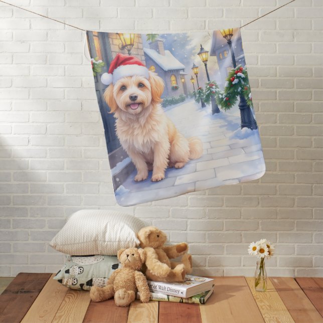 Havanese Snowy Village Walk Santa Hat Christmas Baby Blanket (In Situ)