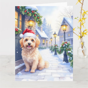 Havanese Snowy Village Walk Santa Hat Christmas Card