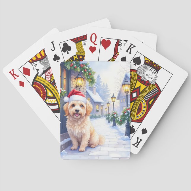 Havanese Snowy Village Walk Santa Hat Christmas Poker Cards (Back)