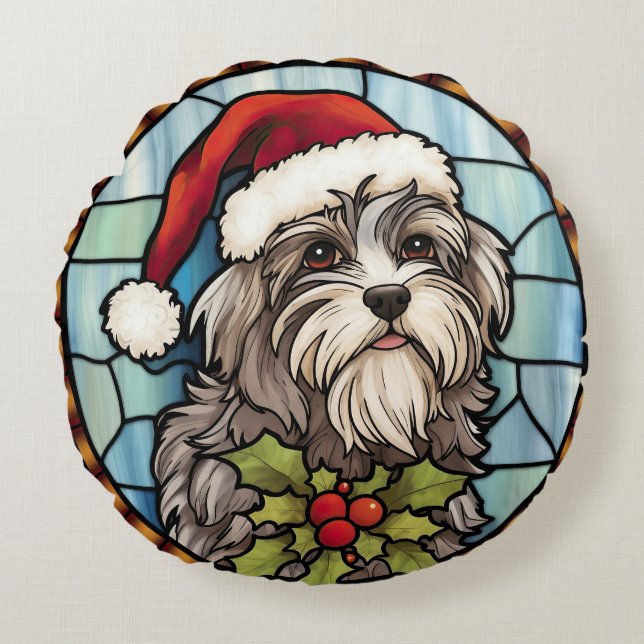 Havanese Stained Glass Christmas  Round Pillow (Front)