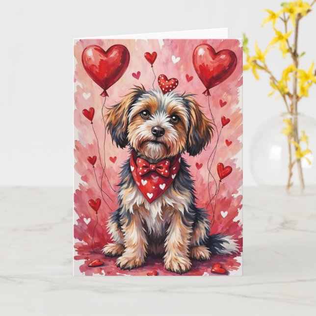 Havanese Valentine’s Day Dog with Hearts Red Card (Yellow Flower)