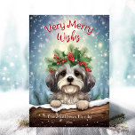 Havanese Winter Wonderland Christmas Pet Portrait Holiday Card<br><div class="desc">This adorable holiday greeting card features a cute Havanese Dog illustration wearing a festive crown wreath of winter florals, holly, pine, and berries, with snowflakes gently falling against a Snowing Winter Wonderland Scene. The little Havanese is peeking over the snow-capped log to say hello! The playful text "Very Merry Wishes"...</div>
