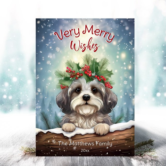 Havanese Winter Wonderland Christmas Pet Portrait Holiday Card (Adorable Winter Snowy Scene With Peeking Dogs or Farm/Woodland Animals - Over 50 to Choose From!)