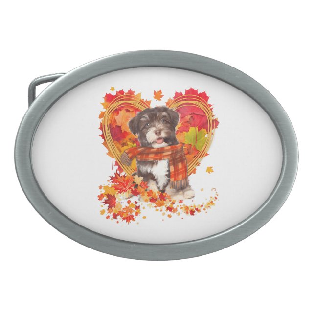 Havanese With Heart Made Of Autumn Leaves Belt Buckle (Front)