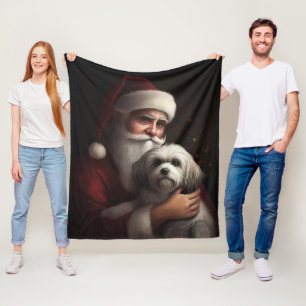 Havanese With Santa Claus Festive Christmas Fleece Blanket