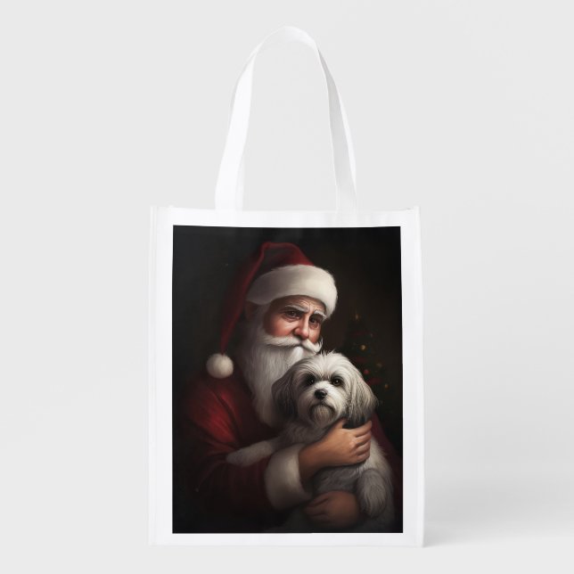 Havanese With Santa Claus Festive Christmas Grocery Bag (Front)