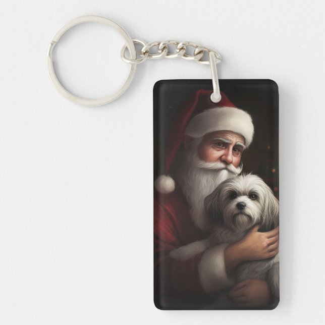 Havanese With Santa Claus Festive Christmas Keychain (Front)