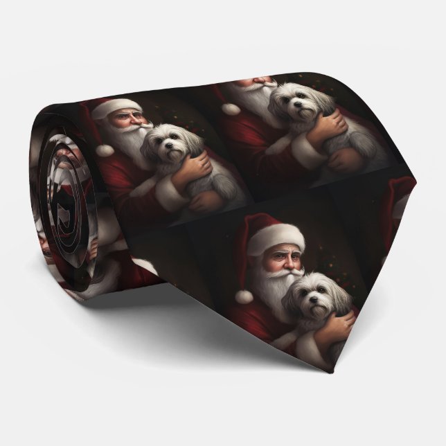 Havanese With Santa Claus Festive Christmas Neck Tie (Rolled)