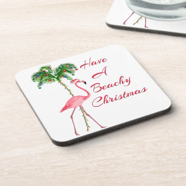 Have A Beachy Christmas Flamingo Beverage Coaster (Left Side)