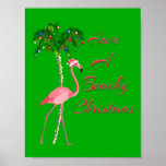 Have A Beachy Christmas Flamingo Poster<br><div class="desc">If you having a tropical Christmas this winter then you will love this funny Christmas Flamingo. If you dream of the beach during Christmas then this
holiday design will keep you in a tropical mood. Gorgeous pink flamingo wearing a Santa Claus hat with a Christmas decorated palm tree.</div>