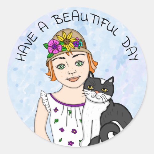 Have a Beautiful Day Folk Art Girl and Cat  Classic Round Sticker