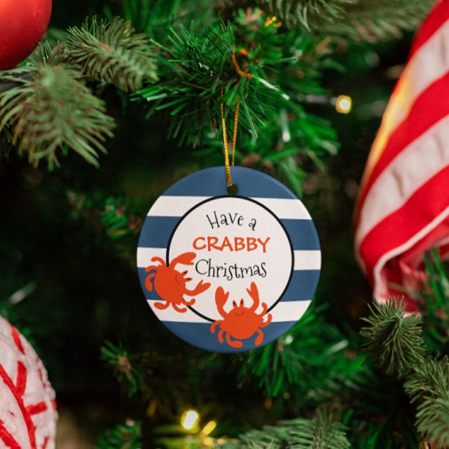 Have a Crabby Christmas Blue Nautical Stripe Metal Ornament (Creator Uploaded)