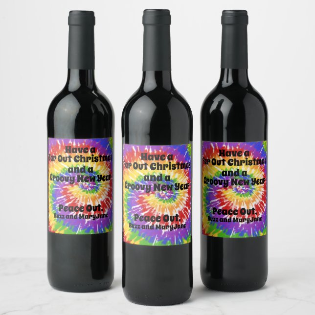 "Have a Far Out Christmas" Hippy Tie Dye Drawing Wine Label (Bottles)
