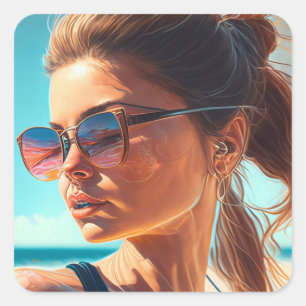 Have a Great Summer   Beautiful Woman at Beach Square Sticker