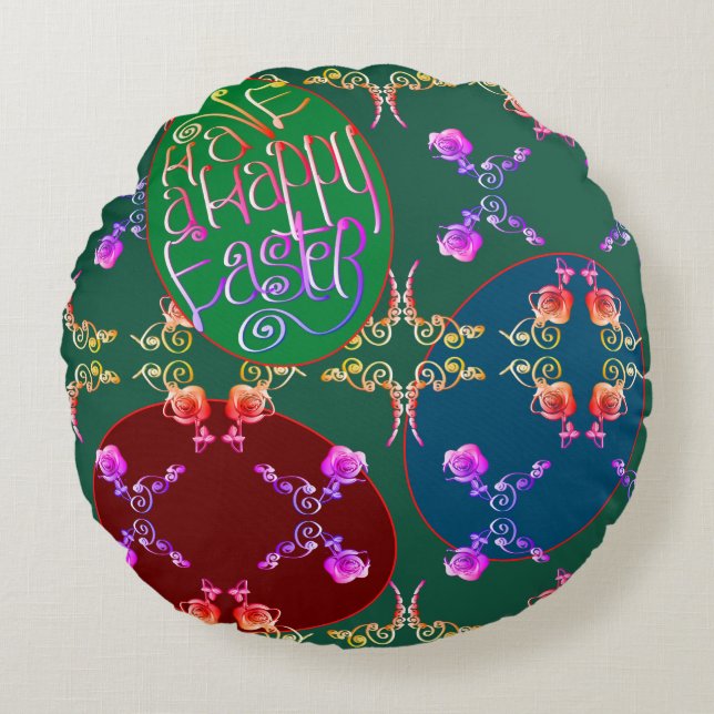 "Have a Happy Easter" Eggs in Green  Round Pillow (Front)