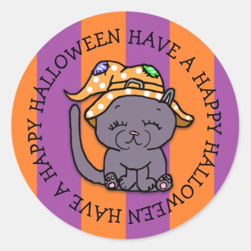 Have a Happy Halloween Cute Black Cat Classic Round Sticker