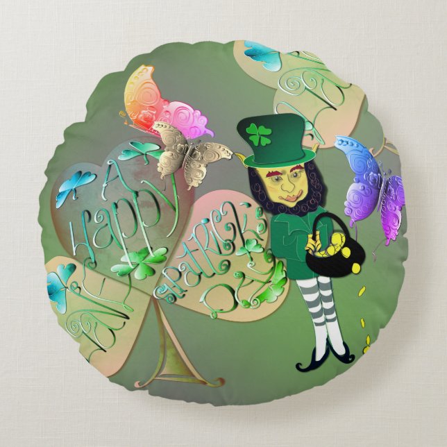 "Have a Happy St. Patrick's Day!" Leprechaun  Round Pillow (Front)