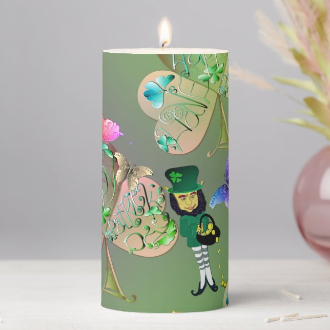 "Have a Happy St. Patrick's" Leprechaun Pillar Candle (In Situ)