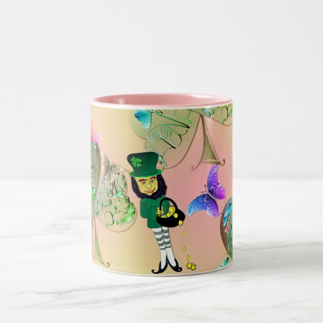 "Have a Happy St. Patrick's" Leprechaun Shamrocks Two-Tone Coffee Mug (Center)