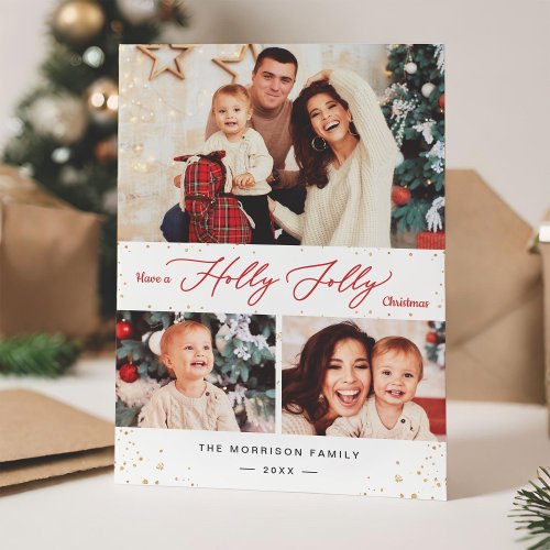 Have a Holly Jolly Christmas Gold Confetti 3 Photo Holiday Card