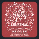 Have A Holly Jolly Christmas Red Return Address Square Sticker<br><div class="desc">Square Envelope Sealing Labels with return address -- Festive and folksy curly chalk-art style Christmas Holiday design for greeting cards and seasonal party invitations. Whimsical chalkboard style swirly frame with white chalk-art typography on cheerful red background and retro mix of hand-lettered styles, decorated with frosty foliage and holly berries. Add...</div>